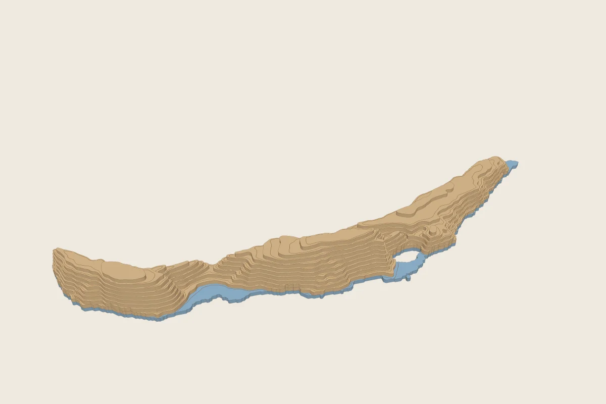 Lake Baikal's water as a layered model, upside down: a long crescent of ten layers with a hole for Olkhon Island and flat tops over the deep basins