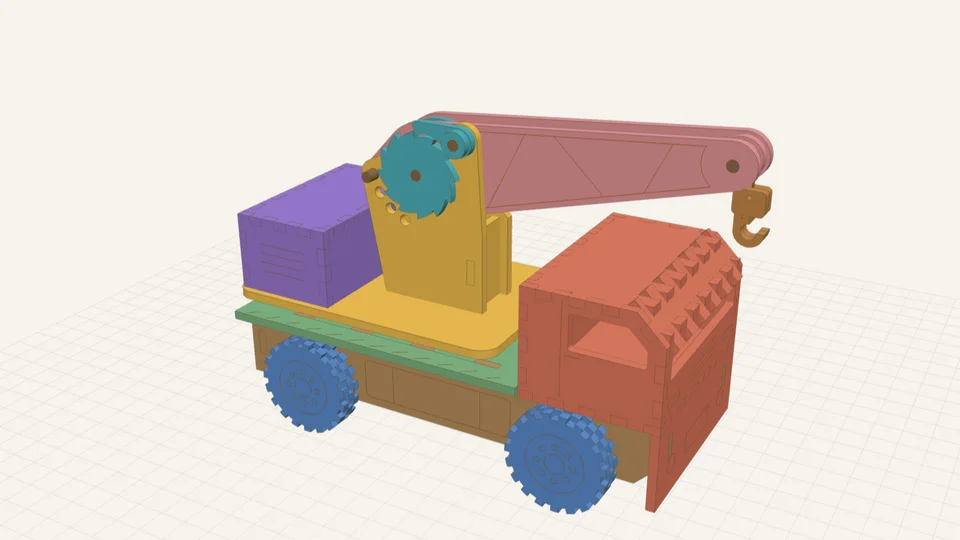 A laser-cut truck crane with its boom, winch drum and hook