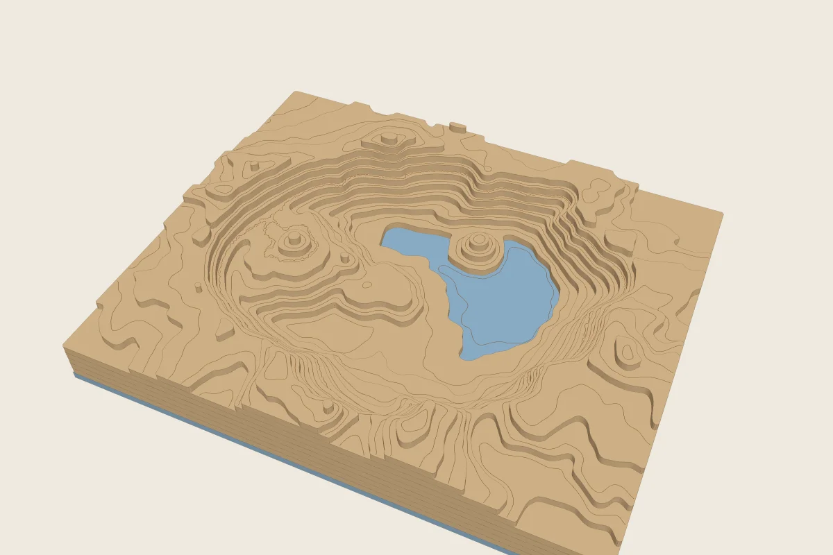 The Crater Lake basin as a layered map, the normal way up: the caldera's rim around a deep hollow, Wizard Island's cone inside it, and blue base showing through where the floor is deepest