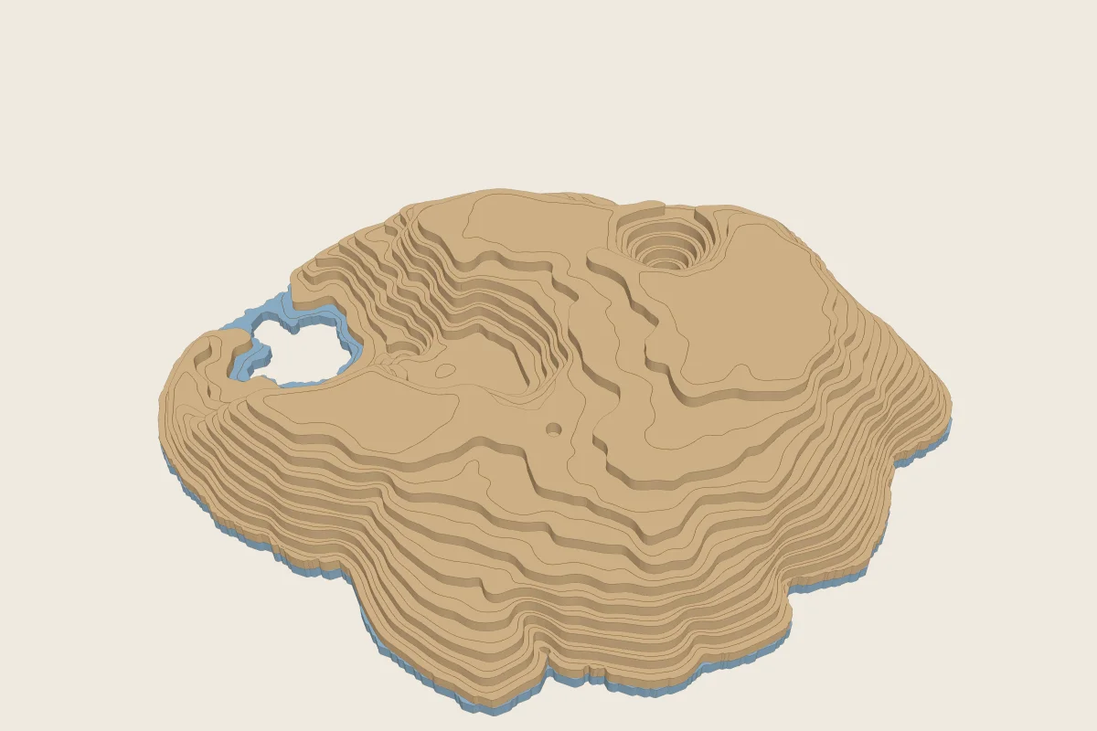 A layered plywood model of Crater Lake's water, upside down: the shoreline at the bottom, the deepest basin as the flat top, a hole where Wizard Island stands and a round pit where an underwater volcano rises from the floor