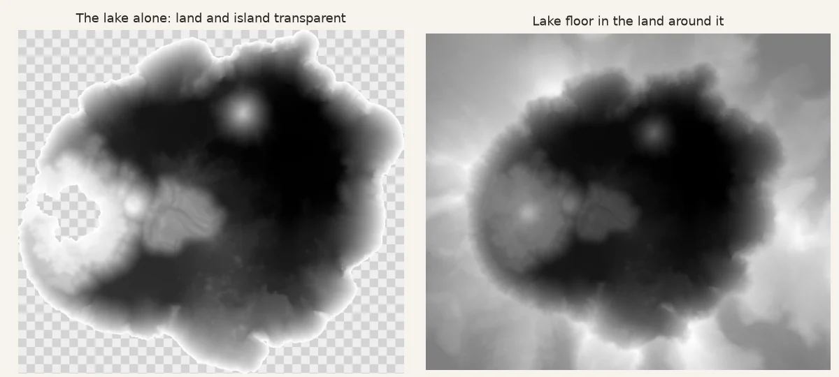 Two heightmaps of Crater Lake: on the left the lake alone, dark where it is deep, with the land and Wizard Island transparent (shown as a checkerboard); on the right the lake floor set into the land of the caldera around it