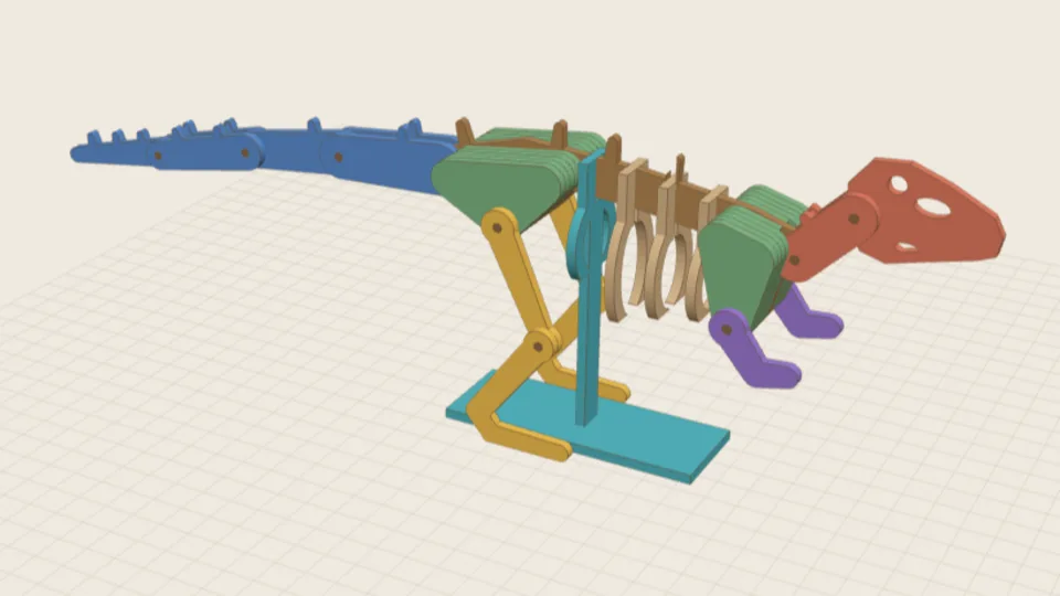 A laser-cut T. rex skeleton on a stand: ribs slotted onto the spine, a long tail and the legs on pins