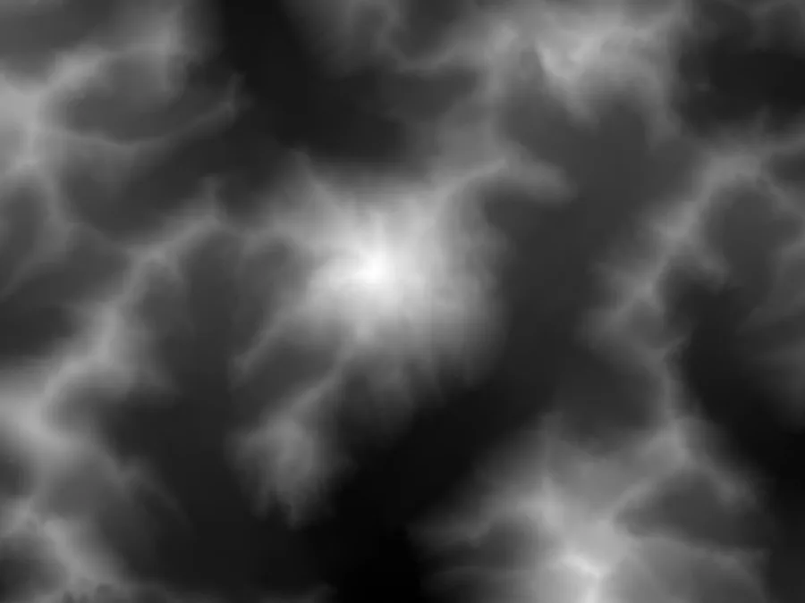 The K2 heightmap: a 16-bit greyscale PNG, white at the summit and along the high ridges, black on the glacier floors