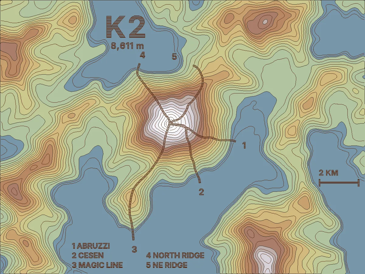 The generator's result for K2 seen from above: twelve contour layers over a blue base, the five route lines, the name, the legend and the scale bar