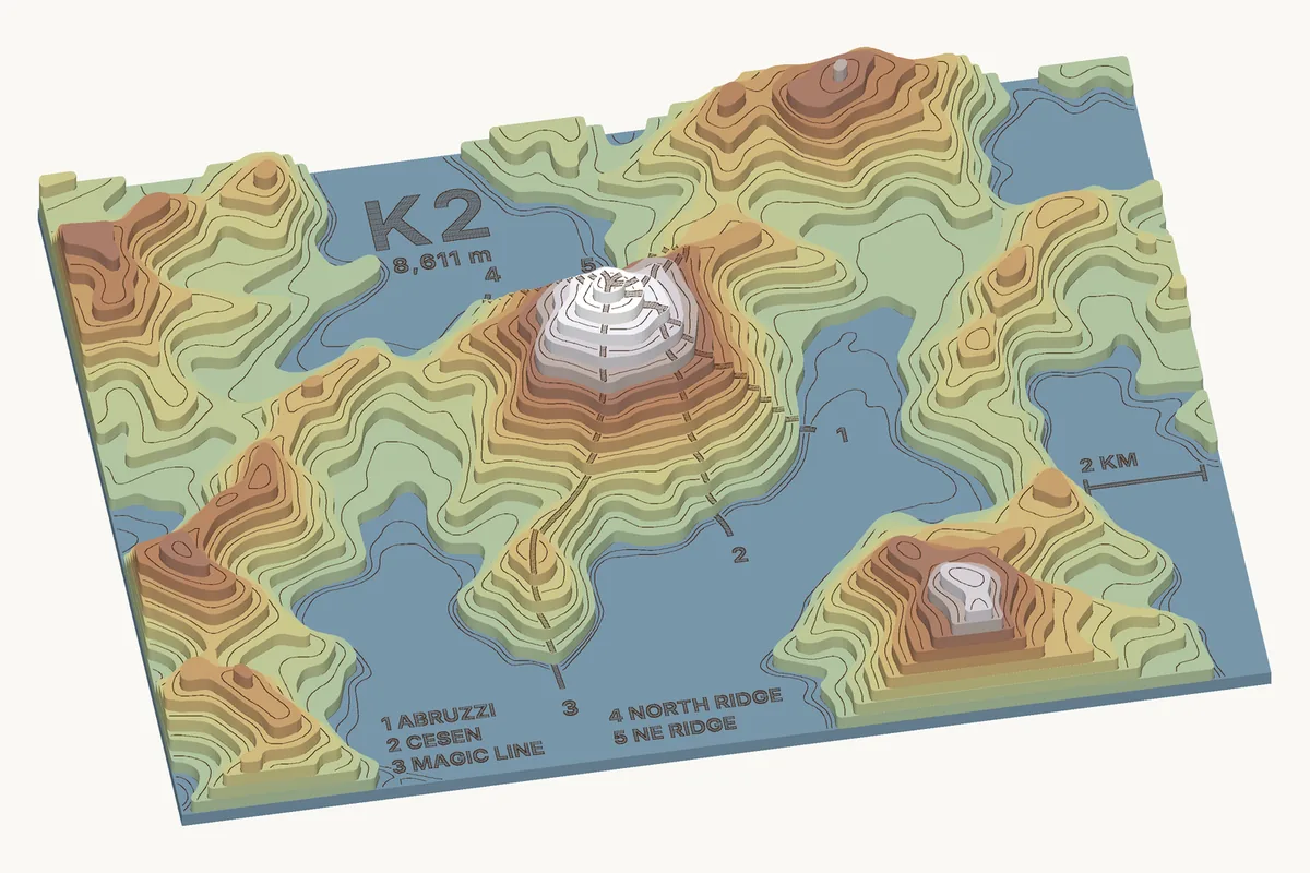 A layered relief map of K2 in 3D: twelve stacked sheets rising to a white summit, with the name K2, five numbered climbing routes and a legend engraved on the flat glacier floor