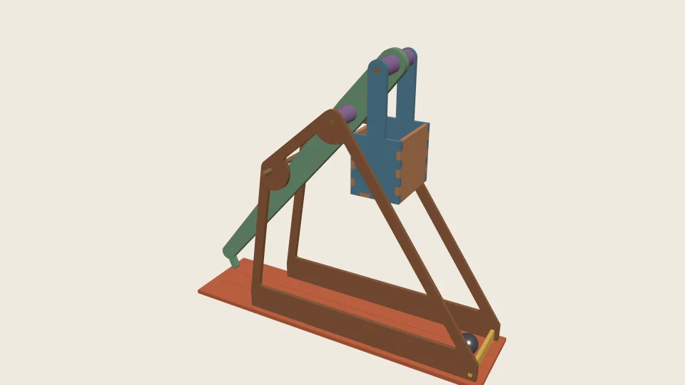 A laser-cut plywood trebuchet: A-frame uprights, a long throwing arm and a counterweight box hanging from its short end