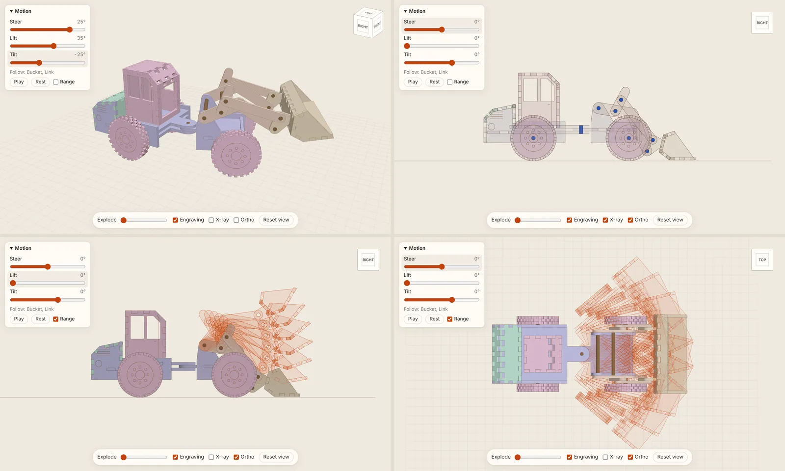 A laser-cut wheel loader in the app's 3D preview: posed with the joint sliders, seen in x-ray, and with ghosted copies of the arms, bucket and front half across their lift and steering ranges